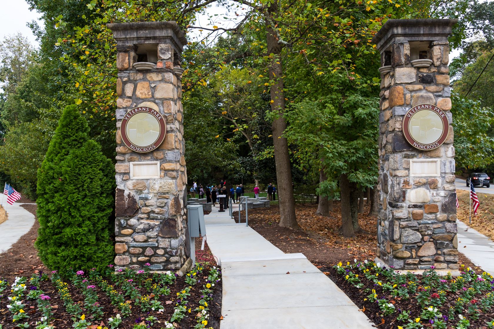 Veterans Park entrance with monument sign
