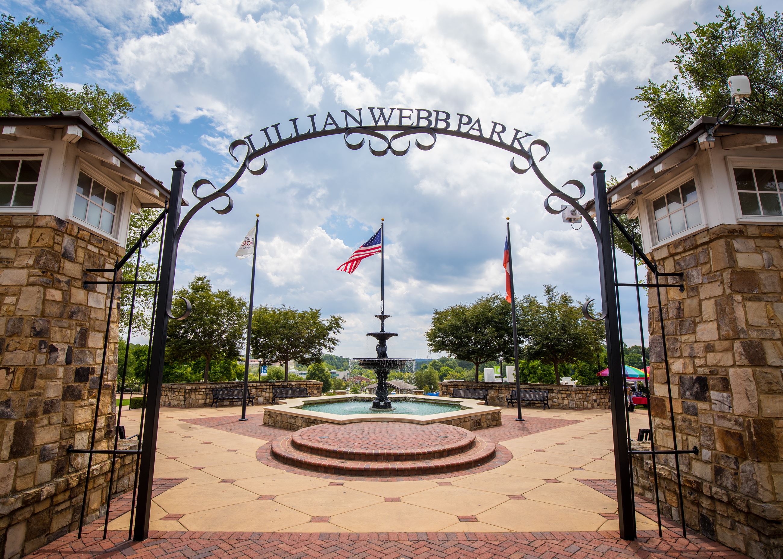 fountain and sign entry at lillian webb park