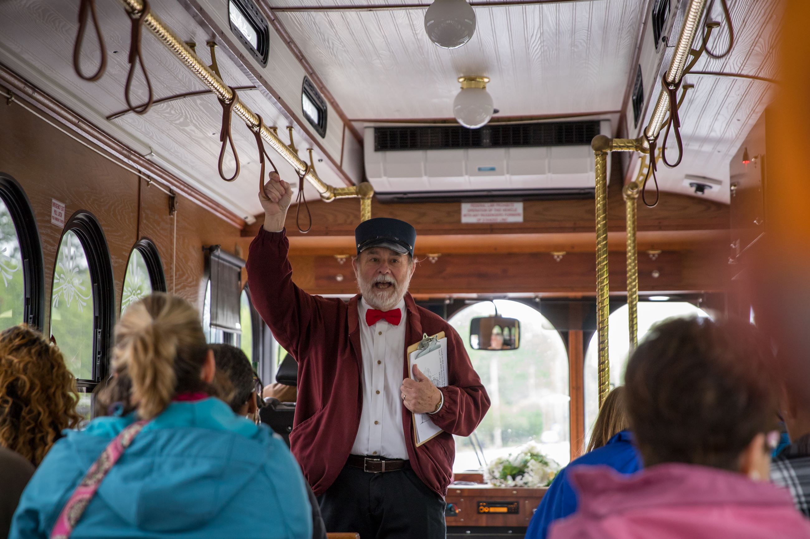 gene ramsay, local historian, plays tour guide on trolley 