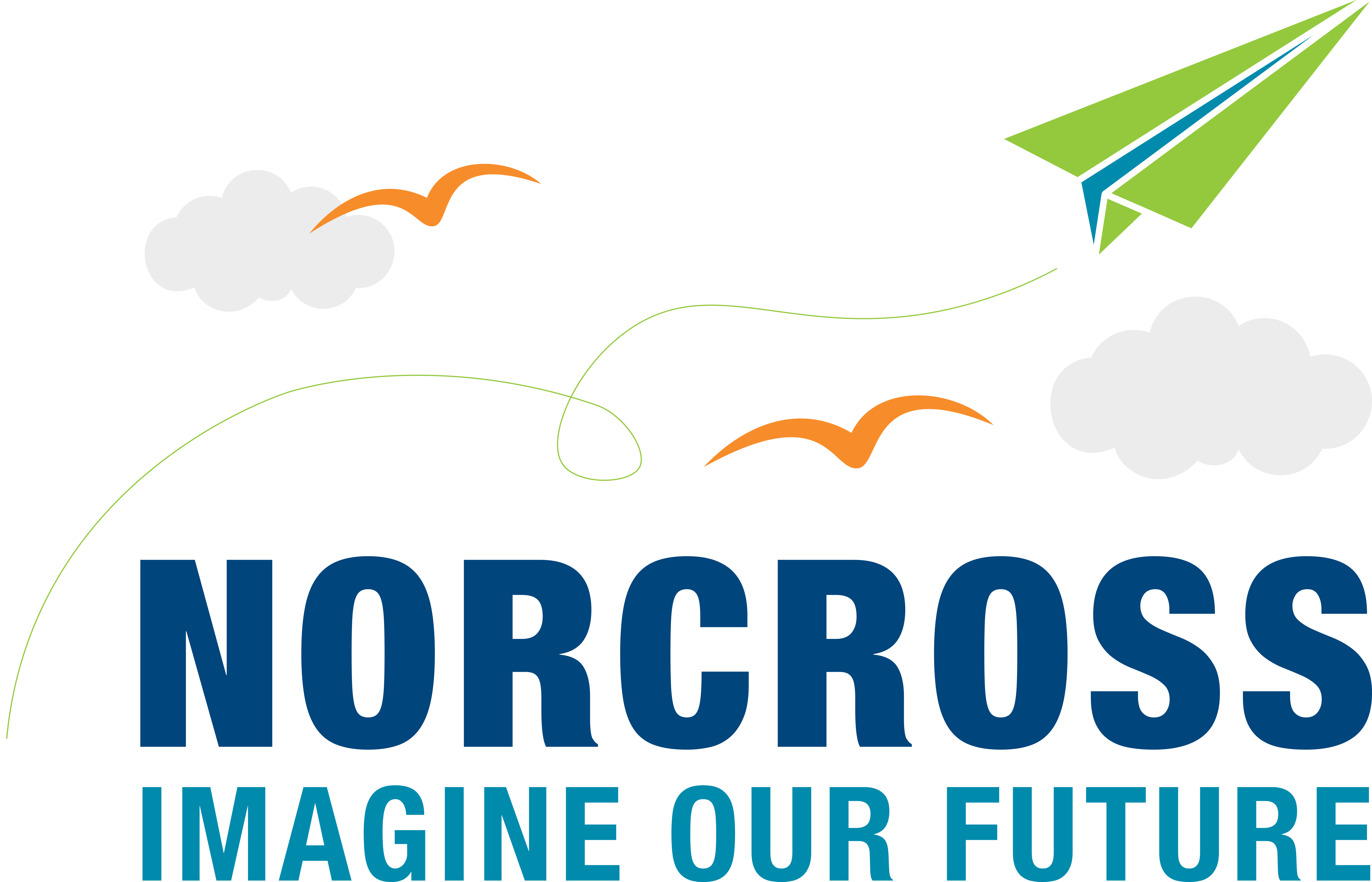 logo for Norcross Comp Plan - clouds with paper airplane flying above text