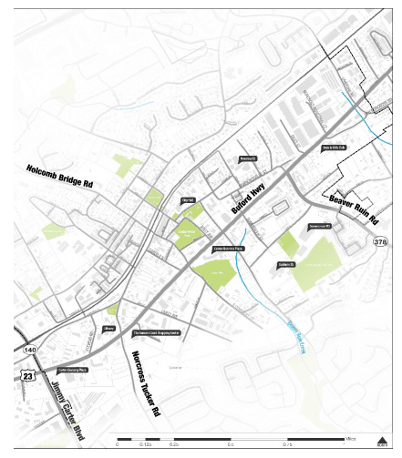 map of 1.85-mile corridor of Buford Highway in Norcross